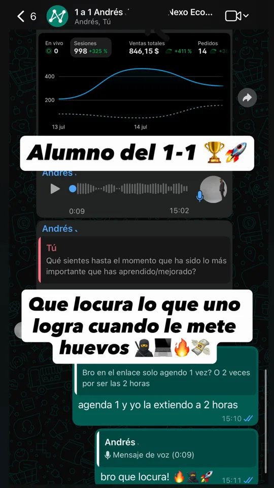 Estudiante con 846 dólares en ventas y 998 sesiones en un día